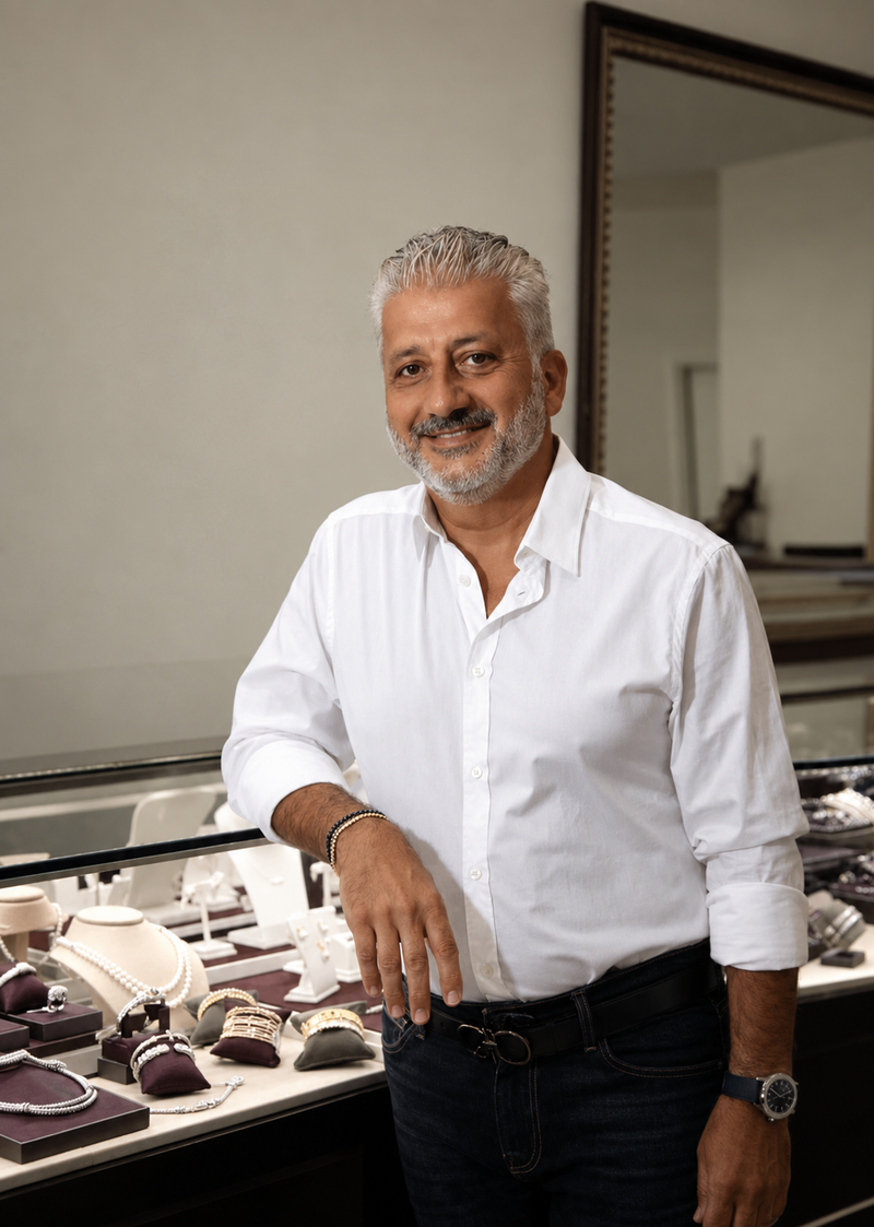 picture of the male jeweler, standing and leaning against his jewelry showcases in his store