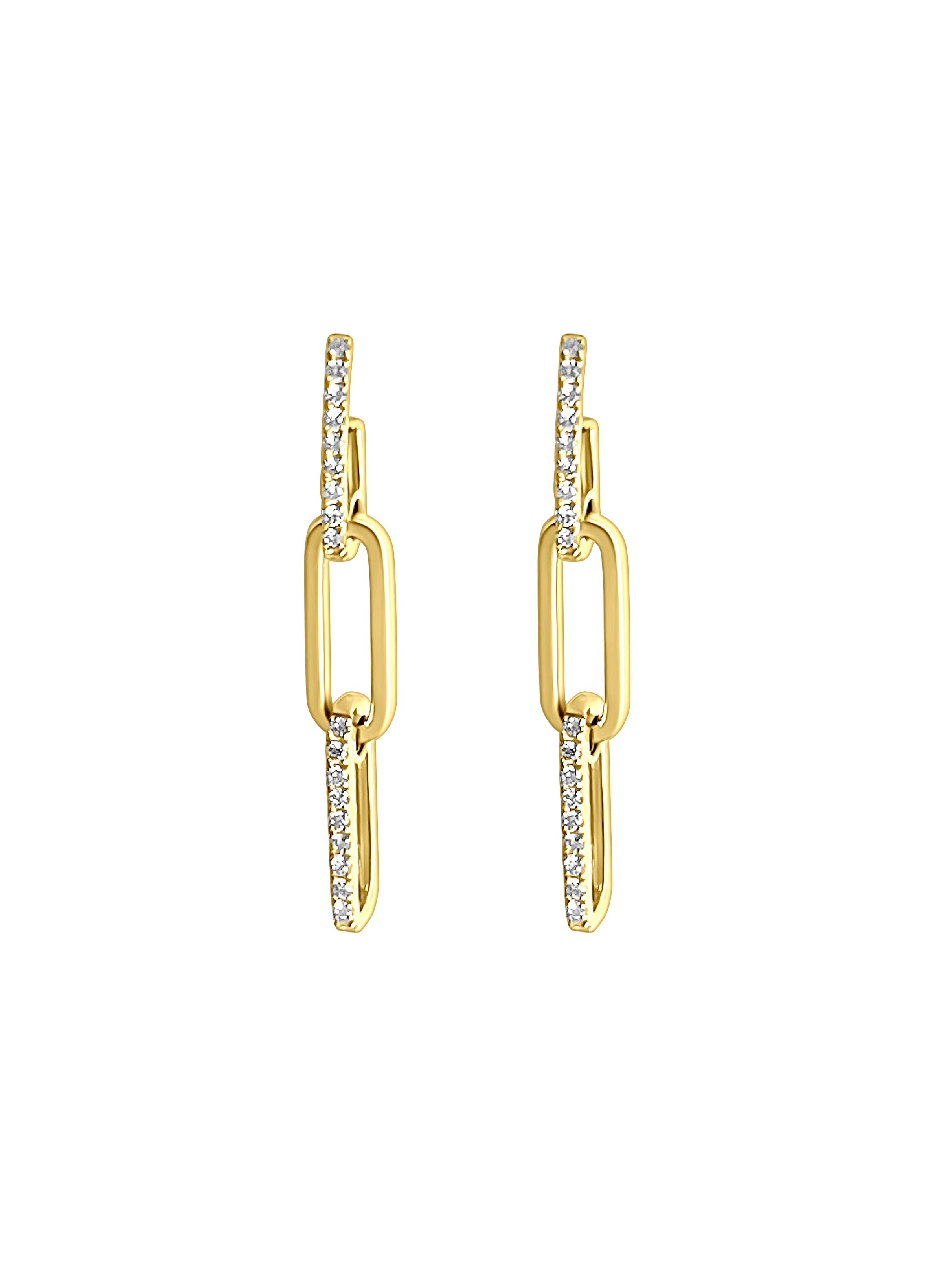 Dangle yellow gold diamond paper clip earrings shown against white background. 